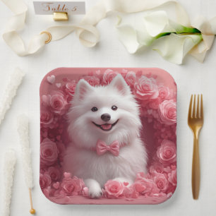 Amerikanischer Eskimo mit Rosen - Valentinstag Pappteller