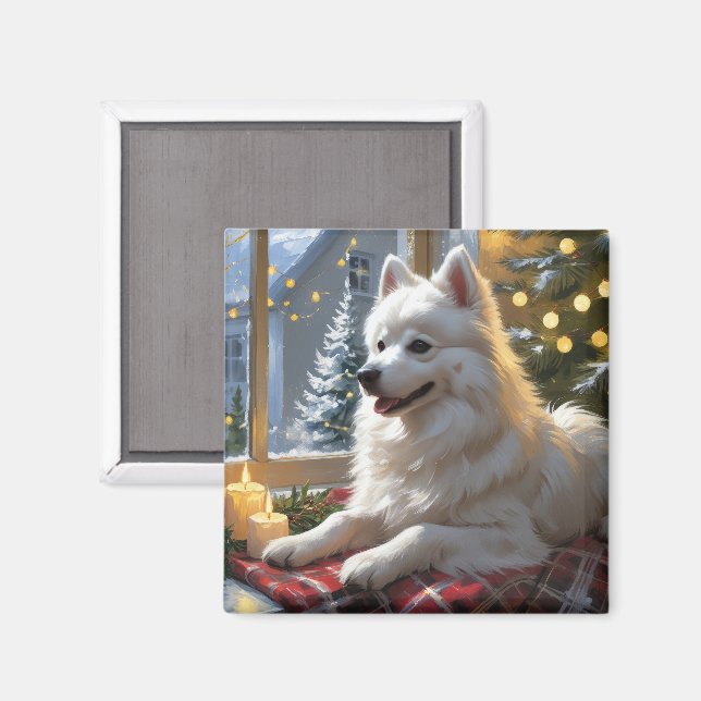 Amerikanischer Eskimo mit Weihnachtslichtern Urlau Magnet (Vorderseite/Rückseite)