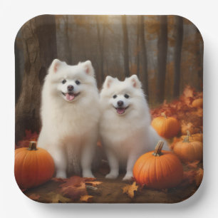 Amerikanischer Eskimo-Welpe Herbstfreude Kürbis Pappteller