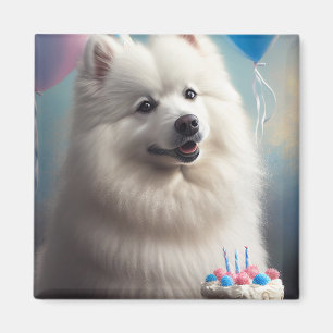 Amerikanischer Eskimohund mit Luftballons zum Gebu Magnet