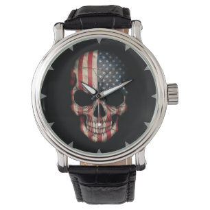 Amerikanischer Flaggenschädel in Schwarz Armbanduhr