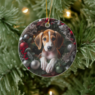 Amerikanischer Foxhound Welpe sitzend Weihnachtskr Keramik Ornament