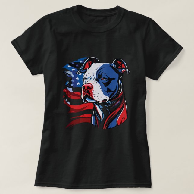 Amerikanischer Pitbull mit US-US Flagge-Flagge IV T-Shirt (Design vorne)