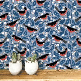 Amerikanischer Rotkehlchen-Apfelblüten-Vogel-Blume Tapete