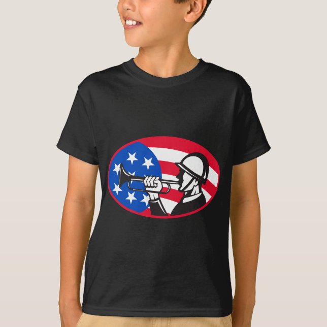 Amerikanischer Soldat mit Signalhorn und US Flagge T-Shirt (Vorderseite)