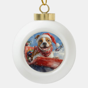 Amerikanischer Staffordshire auf Schlitten Weihnac Keramik Kugel-Ornament