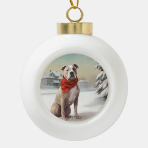 Amerikanischer Staffordshire-Hund im Schnee Weihna Keramik Kugel-Ornament