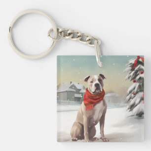 Amerikanischer Staffordshire-Hund im Schnee Weihna Schlüsselanhänger