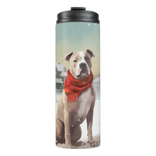 Amerikanischer Staffordshire Hund im Schnee Weihna Thermosbecher