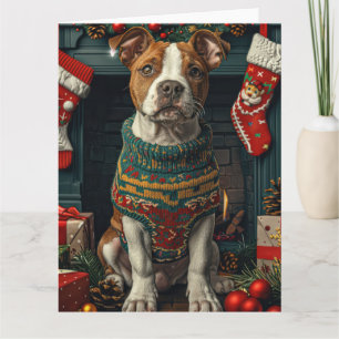 Amerikanischer Staffordshire-Hund mit Weihnachtsge Karte