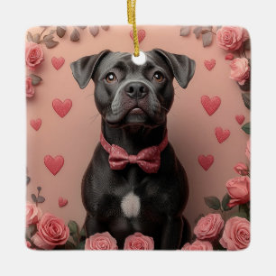 Amerikanischer Staffordshire mit Rosen -Valentinst Keramikornament