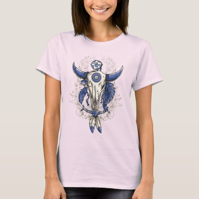 Amerikanischer Ureinwohner BULL-SCHÄDEL-Blau T-Shirt (Vorderseite)