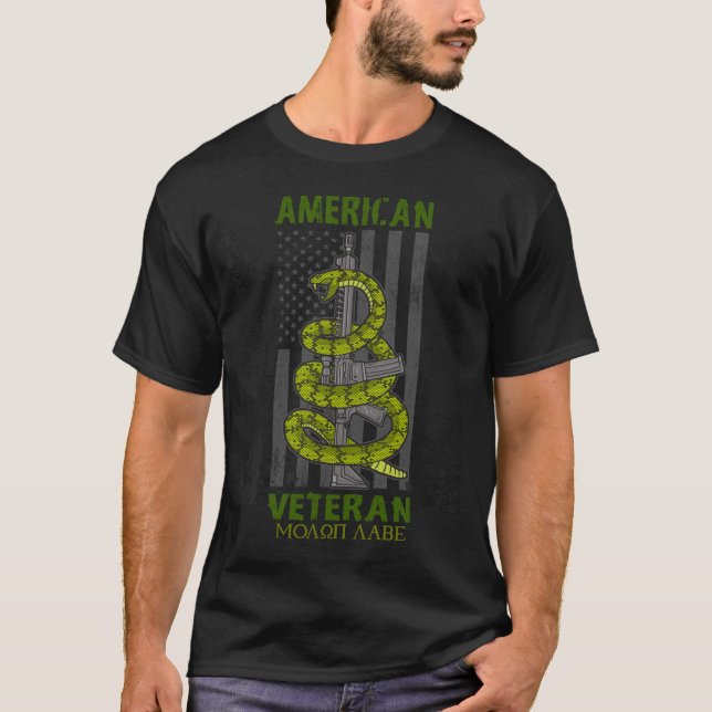 Amerikanischer Veteran Molon Labe USA-Flagge AR15 T-Shirt (Vorderseite)