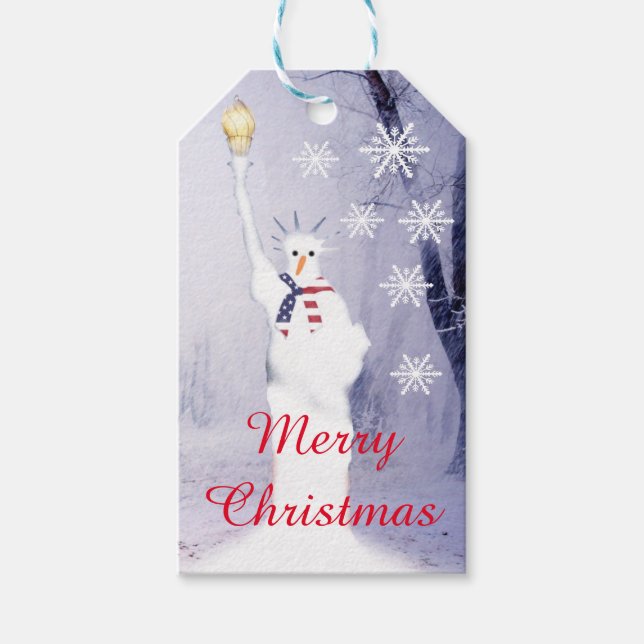 Amerikanischer Weihnachtsschneemann Geschenkanhänger (Vorderseite)