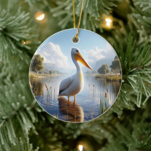 Amerikanischer Weißer Pelikan Erinnerungsstück Keramik Ornament