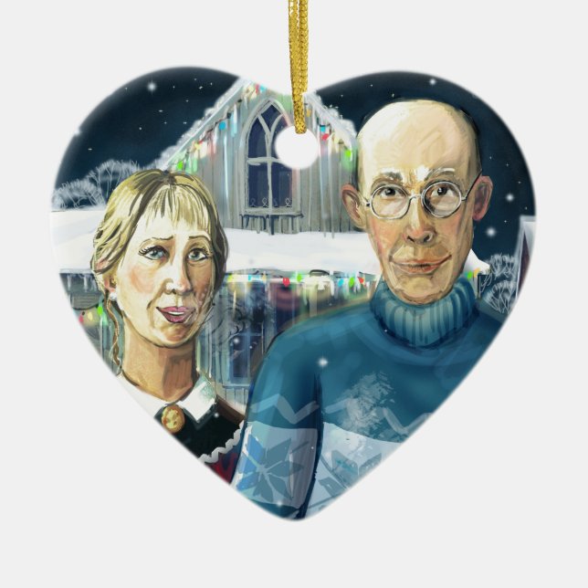 Amerikanischer Winter - Grant Wood-Parodie Keramik Ornament (Vorne)