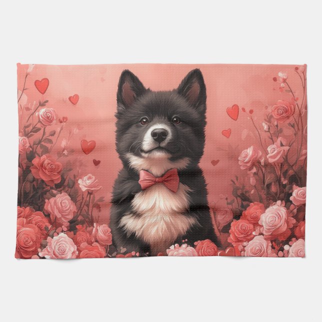 Amerikanisches Akita mit Rose - Valentinstag Geschirrtuch (Horizontal)