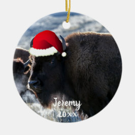Amerikanisches Bison in der Weihnachtsmannmütze Keramik Ornament