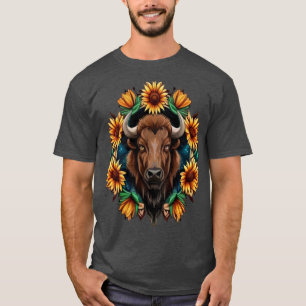Amerikanisches Bison mit Sonnenblumen-Kranich-Kans T-Shirt