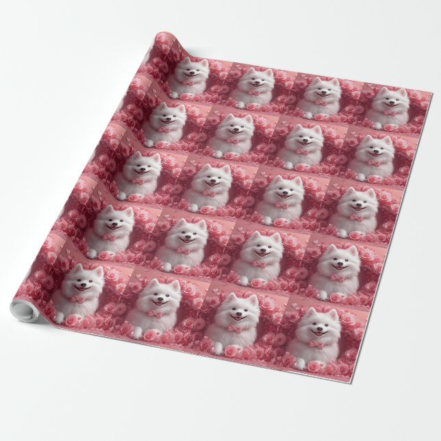 Amerikanisches Eskimo mit Rose - Valentinstag Geschenkpapier (Ungerollt)