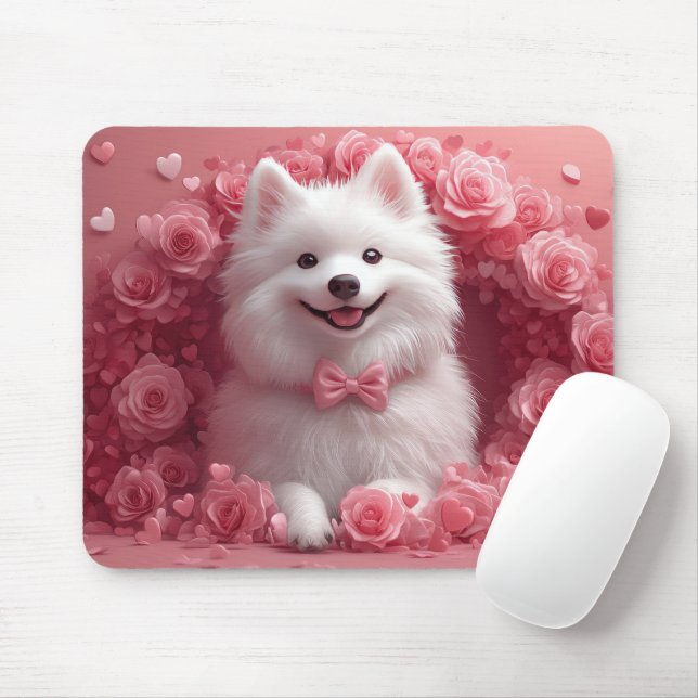 Amerikanisches Eskimo mit Rose - Valentinstag Mousepad (Mit Mouse)