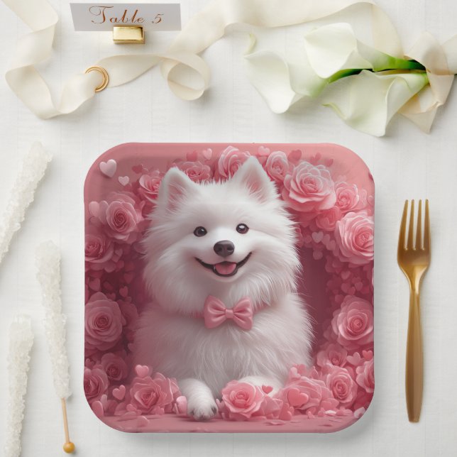 Amerikanisches Eskimo mit Rose - Valentinstag Pappteller (Hochzeit)