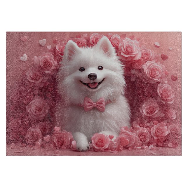 Amerikanisches Eskimo mit Rose - Valentinstag Schneidebrett (Vorderseite)