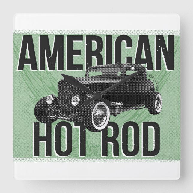 Amerikanisches frisiertes Auto. Grüne Quadratische Wanduhr (Vorderseite)