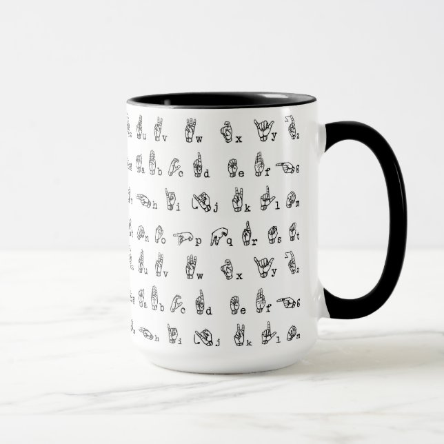 Amerikanisches Gebärdensprache-Alphabet in Tasse (Rechts)