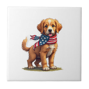 Amerikanisches Goldenes Welpen Vintage Patriotisch Fliese