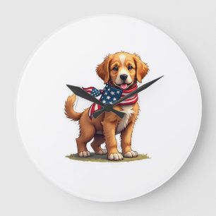 Amerikanisches Goldenes Welpen Vintage Patriotisch Große Wanduhr