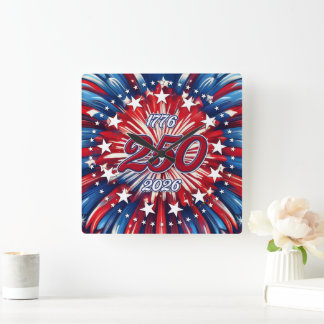 Amerikas 250. Geburtstag 1776-2026 RWB Feuerwerk Quadratische Wanduhr