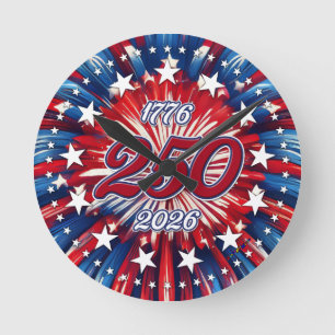 Amerikas 250. Geburtstag 1776-2026 RWB Feuerwerk Runde Wanduhr