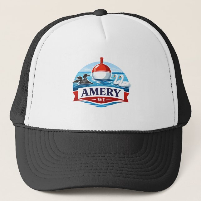 Amery Wisconsin Lake Life Souvenir - Fishing Hat Truckerkappe (Vorderseite)