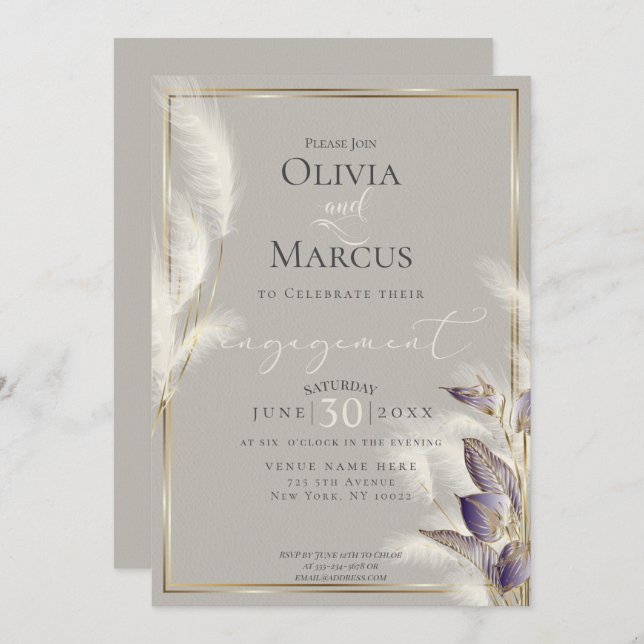 Amethyst Anthurium und Feathery Pampas Grass Einladung (Vorne/Hinten)