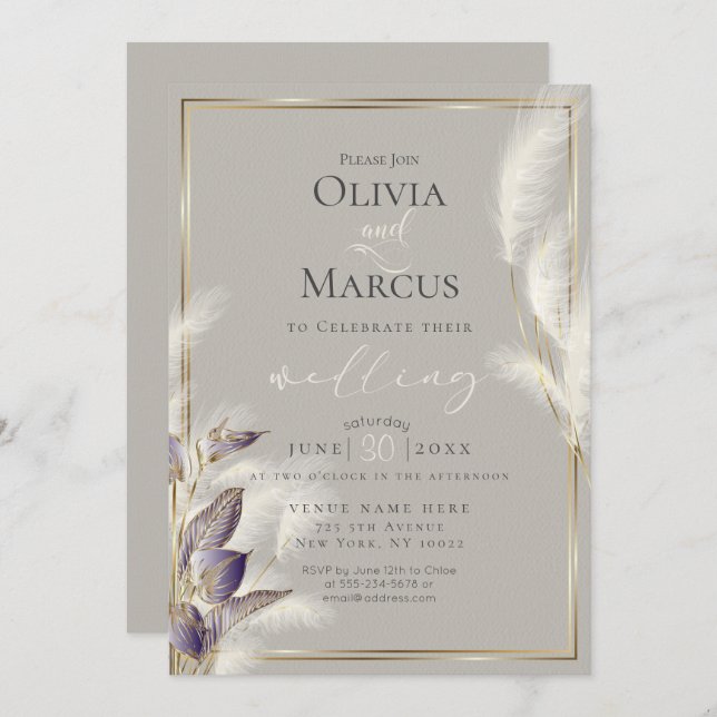 Amethyst Anthurium und Feathery Pampas Grass Einladung (Vorne/Hinten)