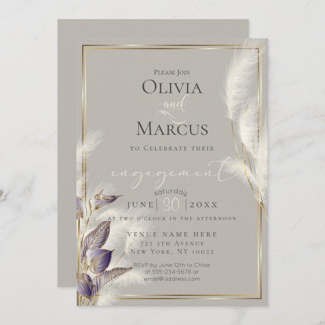 Amethyst Anthurium und Feathery Pampas Grass Einladung (Vorne/Hinten)