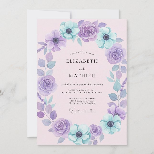 Amethyst-Aqua-Blütenhochzeit Einladung (Vorderseite)