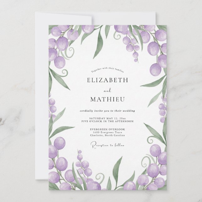 Amethyst-Beeren-Laub-Hochzeit Einladung (Vorderseite)
