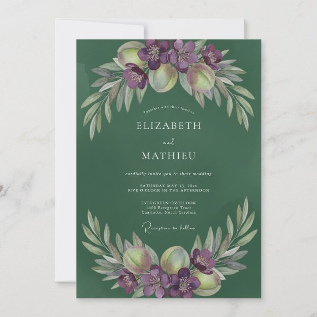Amethyst-Blatt-Oliv-Hochzeit Einladung (Vorderseite)