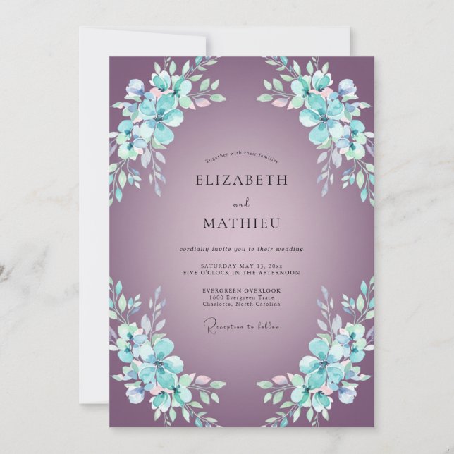 Amethyst-Blumenwirbel-Hochzeit Einladung (Vorderseite)