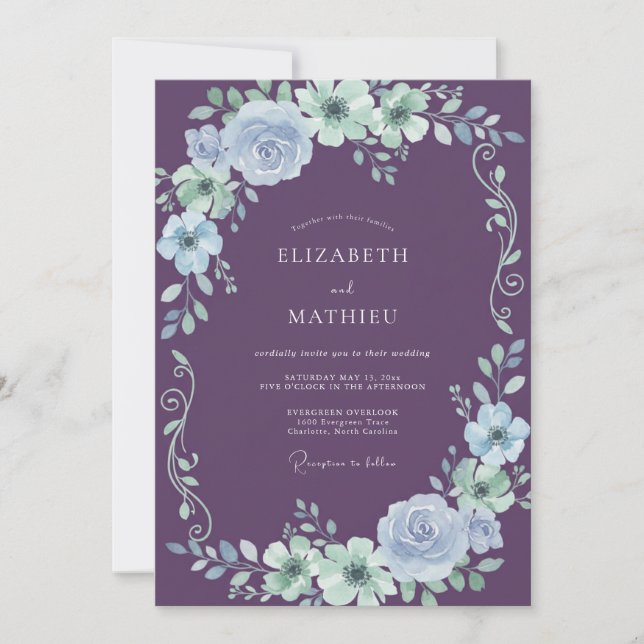 Amethyst Bouquet Eukalyptus Hochzeit Einladung (Vorderseite)