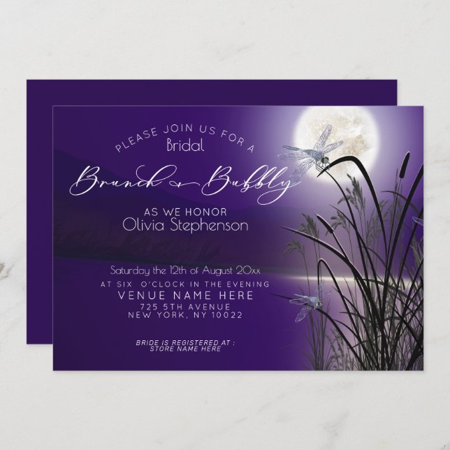 Amethyst Brunch Bubbly Full Moon Dragonfly Einladung (Vorne/Hinten)