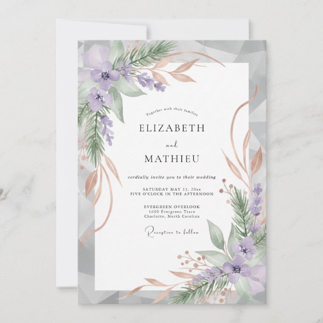Amethyst Champagner Blatt Hochzeit Einladung (Vorderseite)