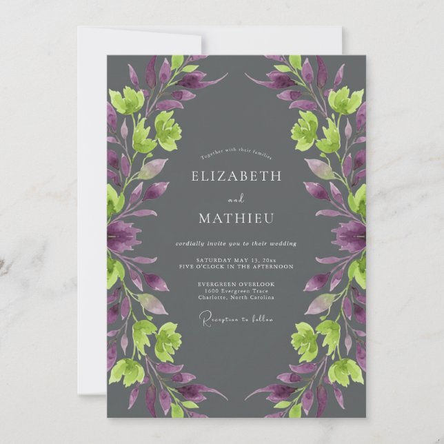 Amethyst Chartreuse Weinlese-Hochzeit Einladung (Vorderseite)