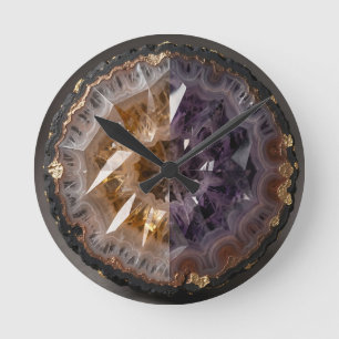 Amethyst Citrin gespaltenes Geode Kristall Luxus Runde Wanduhr