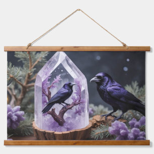 Amethyst Crystals Crows Blackbirds Wandteppich Mit Holzrahmen