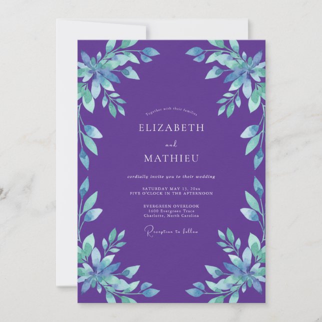 Amethyst-Cyan-Blumenhochzeit Einladung (Vorderseite)