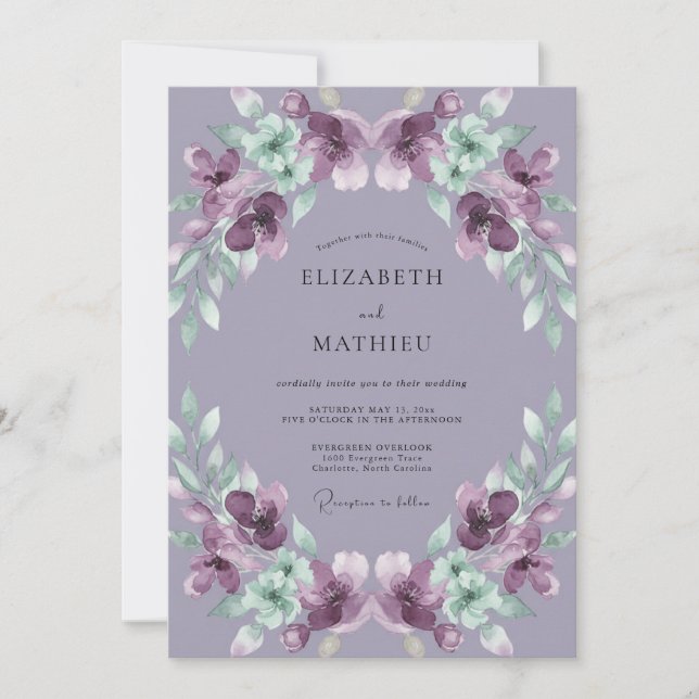 Amethyst-Farbene Hochzeit mit Gemalten Blättern Einladung (Vorderseite)