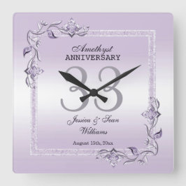 Amethyst Gem & Glitzer 33. Hochzeitstag Quadratische Wanduhr